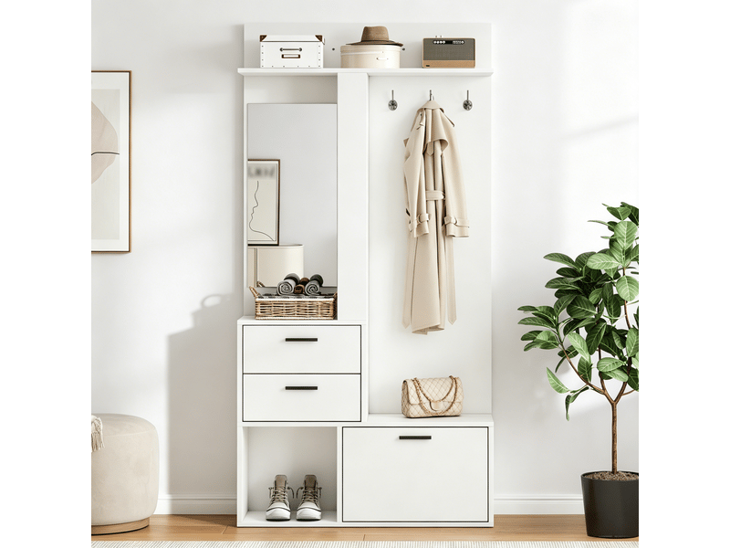  Meuble d'entrée avec miroir, 2 tiroirs, range-chaussures rabattable et 3 crochets, mdf blanc, 90 × 30 × 180 cm  - Conforama D