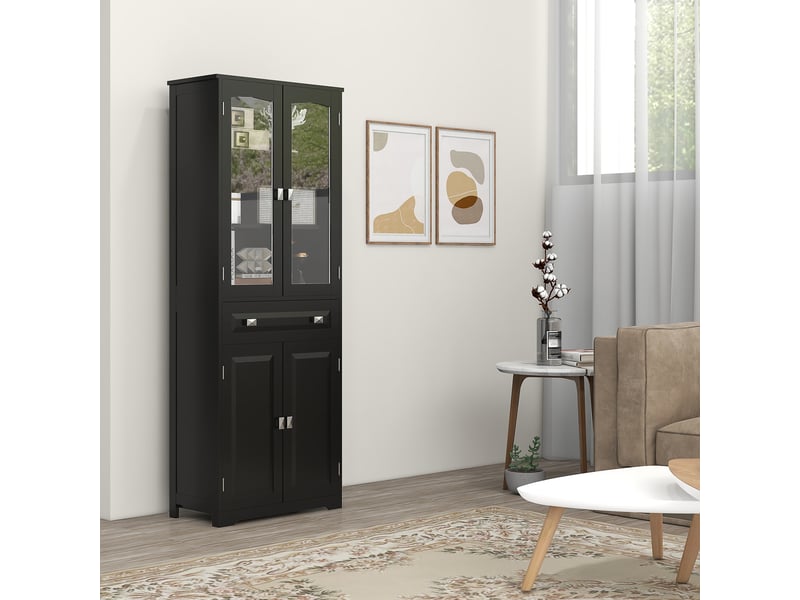  Buffet haut armoire de cuisine 4 portes dont 2 portes vitrées et 1 hauteur tiroir 160 cm avec étagères en bois noir  - Conforama W