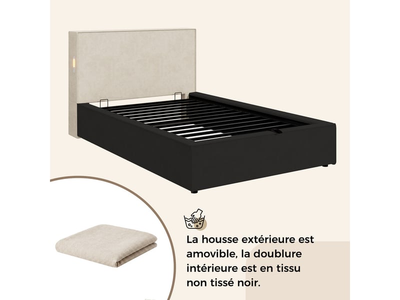  Lit coffre rembourré 90x200 cm -  avec tête de lit et sommier à lattes - rangement coffre -tissu chenille - beige (sans matelas)  - Conforama W
