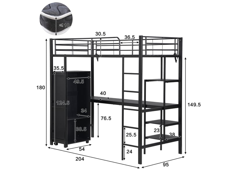  Lit mezzanine 90x200, lit combiné gain de place avec bureau et armoire, structure robuste en métal et mdf pour ado et enfant, noir  - Conforama E