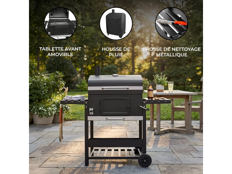 Barbecue fumoir xl au charbon sur chariot, cuisine extérieure jardin, acier inoxydable noir, 4 aérations, bac réglable, thermomètre, étagères, 217358 - Conforama D