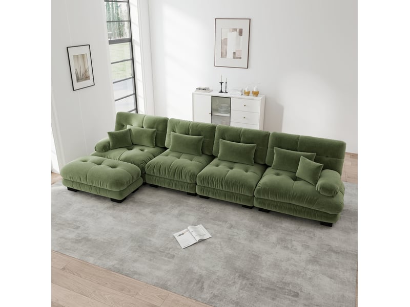 Canapé d'angle ulevr modulable 4 places avec ottomans mobiles, chenille vintage verte, 406 x 145 x 81 cm - Conforama D