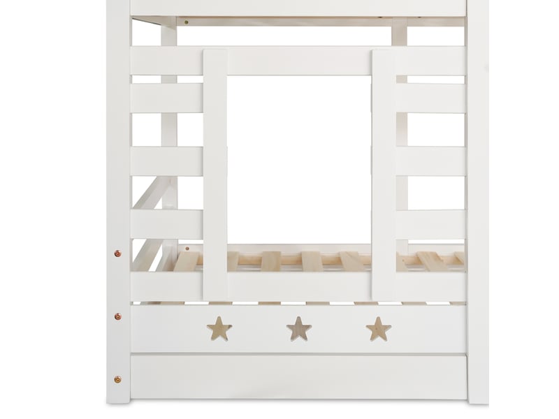 Lit superposé enfant 90x200 cm, rangements, barrière de sécurité, 2 sommiers, 3 tiroirs, pin, mdf, blanc, sans matelas - Conforama R