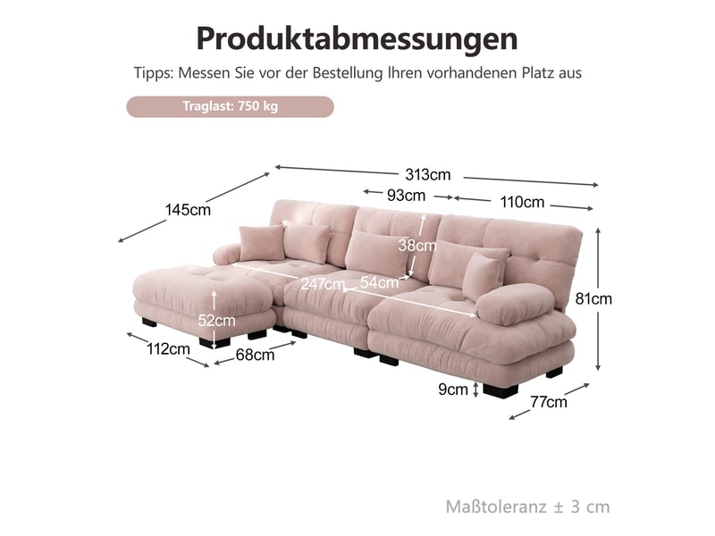  Canapé d'angle modulable en chenille rose avec ottoman mobile et led intégrée pour salon  - Conforama C