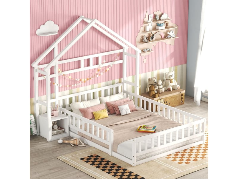  Lit enfant 140x200, garde-corps haut sécurité renforcée lit cabane enfant, structure bois massif, rangement intégré  - Conforama A