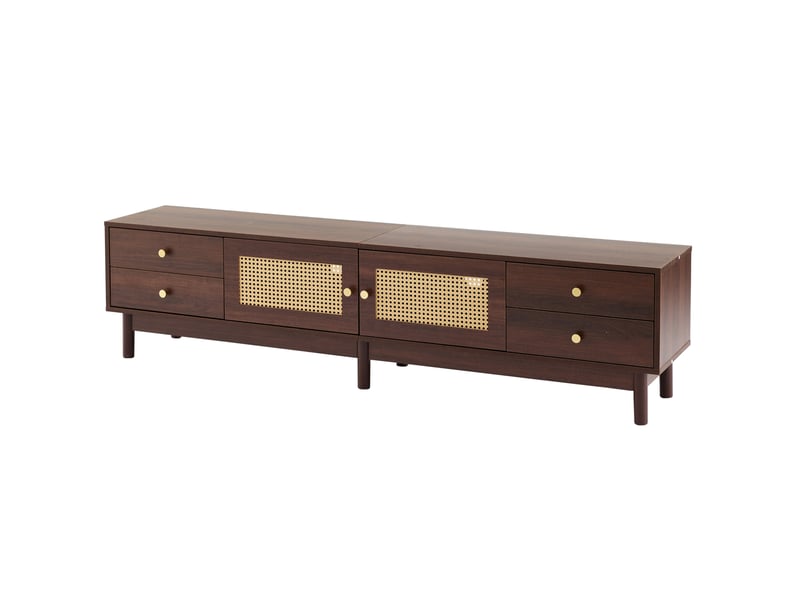  Meuble tv 180x35x44 cm marron en panneaux de particules, 4 tiroirs, portes en rotin et gestion des câbles  - Conforama E
