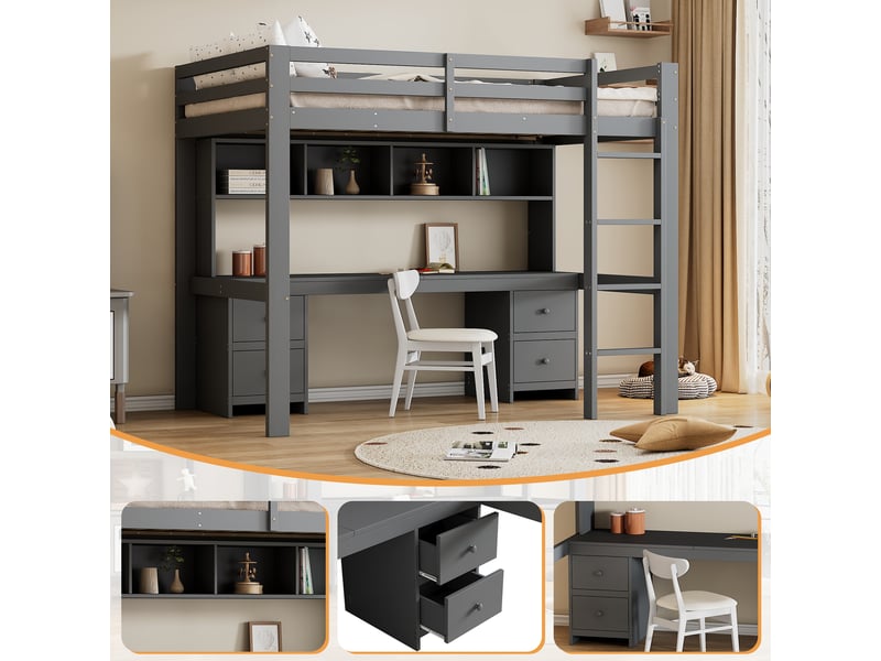 Lit mezzanine 90 × 200 cm 1 place avec bureau, 4 tiroirs et 4 étagères, sans matelas, en pin et mdf gris - Conforama E