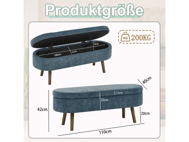  Banc coffre de rangement ovale 20 l en chenille et bois bleu 110 x 40 x 42 cm  - Conforama C