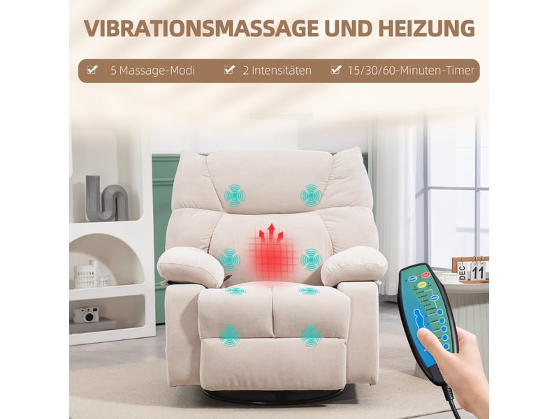  Fauteuil relax beige avec massage et chauffage, inclinable manuel 145°, pivotant 360°, repose-pieds  - Conforama D