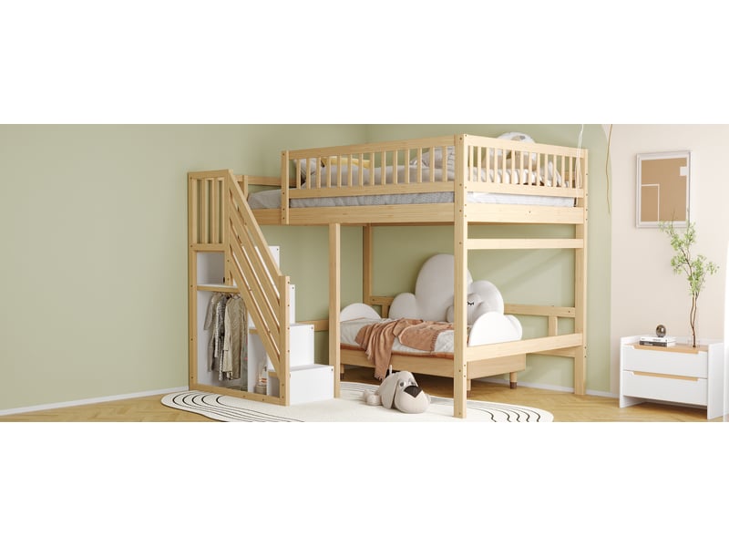  Lit surélevé enfant 140x200 cm en bois massif, escalier avec rangement, garde-corps haut, lit ado, couleur bois naturel  - Conforama W