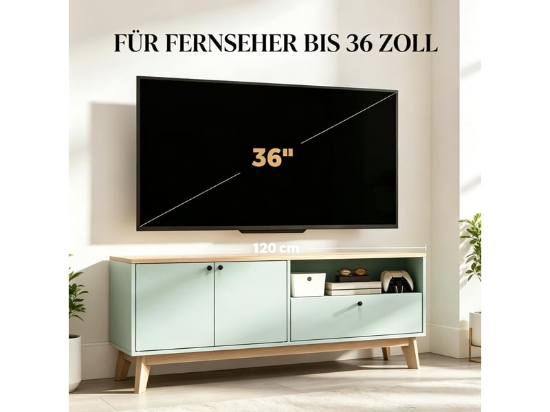  Meuble tv 2 portes 1 tiroir mdf vert clair et coloris chêne 120x35x50 cm T5828P549492 - Conforama E