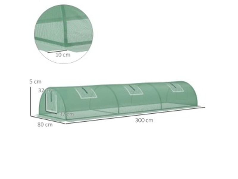 Serre tunnel 300x80x45 cm structure métal film pe anti-uv fenêtres en maille vert - Conforama D