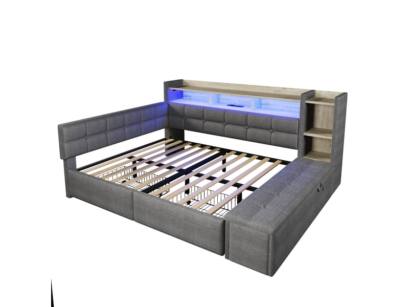  Lit de jour convertible, 140 × 190 cm, avec deux tiroirs, ports usb et type-c, compartiment de rangement, banquette de rangement au pied du lit, bande lumineuse led, sans matelas, velours, gris foncé  - Conforama E