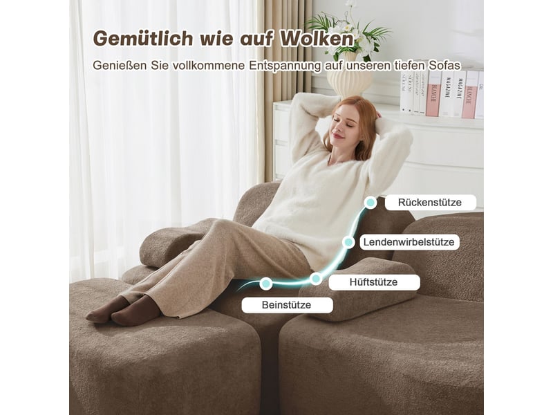 Canapé modulable forme ondulée mousse haute densité 32d assise profonde coussin d'accoudoir mobile brun - Conforama E
