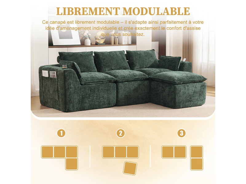 Canapé 3 places modulable vert foncé en chenille avec pouf et porte-gobelet - 256x161x75cm - Conforama E