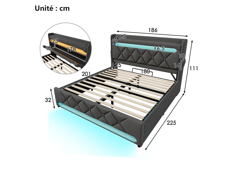  Lit coffre 180x200 cm avec led et ports usb type-c, lit double capitonné moderne sans matelas, lin, gris  - Conforama C