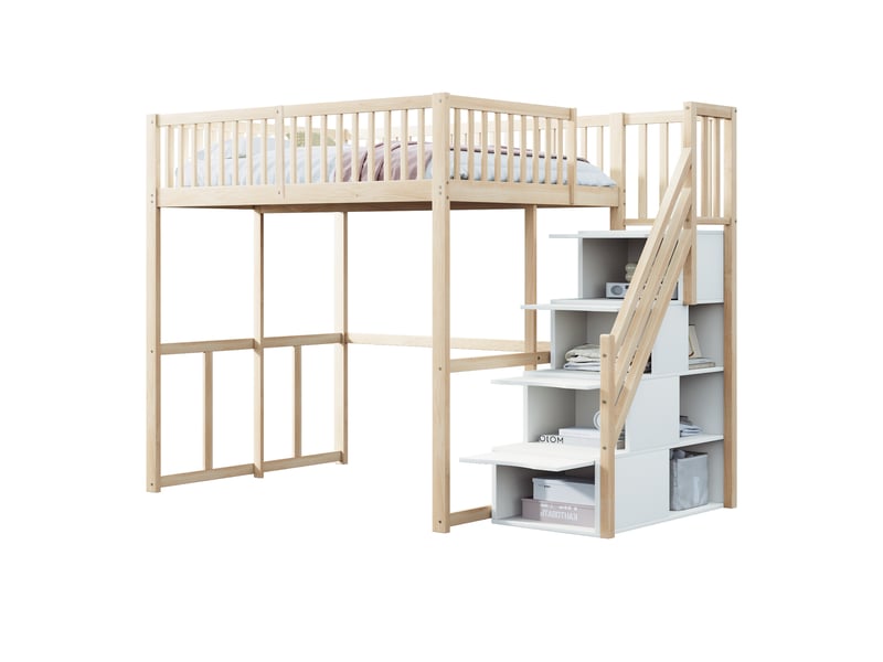 Lit mezzanine enfant 140 x 200 cm, escalier sécurisé avec rangement, barrières de protection, pour enfant ou adulte, pin massif, naturel evarich - Conforama A