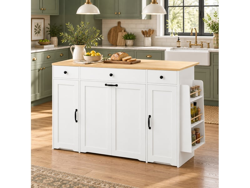  Desserte de cuisine 3 tiroirs 2 portes 136x65x90 cm en mdf blanc et naturel  - Conforama B