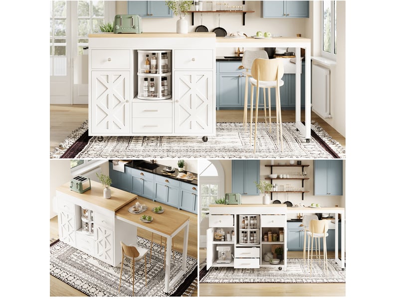  Desserte de cuisine extensible 110-180 cm avec roulettes, mdf blanc et tiroirs  - Conforama D
