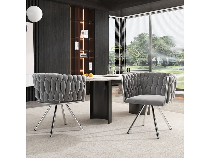  Lot de 2 chaises de salle à manger pivotantes 360° en velours gris, pieds en métal argenté, dossier enveloppant  - Conforama W