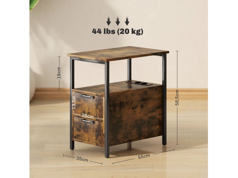 Table d'appoint 2 tiroirs, étagère ouverte et station de charge dissimulée pour chambre, marron 55 × 35 × 58,5 cm - Conforama C