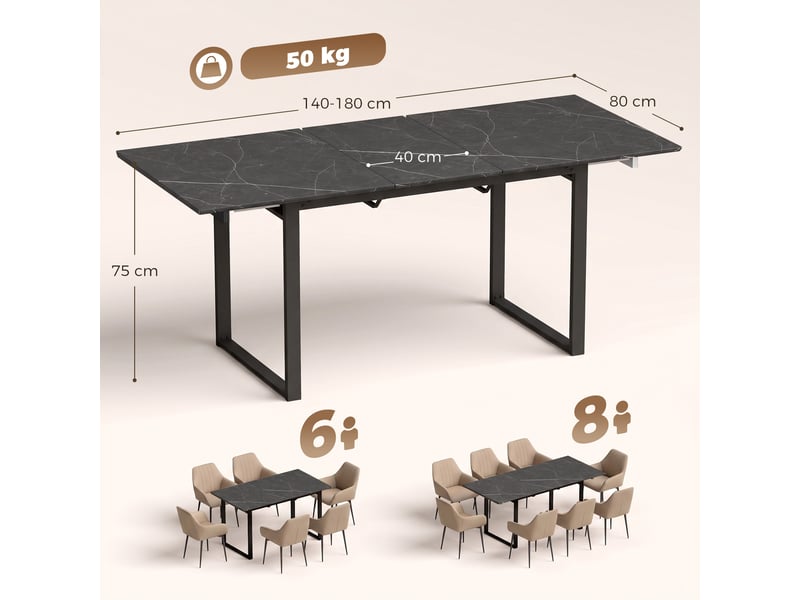  Table de salle à manger extensible 140-180 cm pour 6 à 8 personnes, rectangulaire, style industriel, structure en acier, noire  - Conforama C