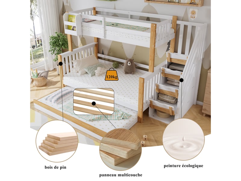 Lit superposé pour enfant, avec barrière anti-chute et rambarde, trois positions de couchage, lit gigogne, porte au design original, escalier d'angle, pin et mdf, blanc et naturel, 90 x 200 cm et 120 x 200 cm - Conforama D