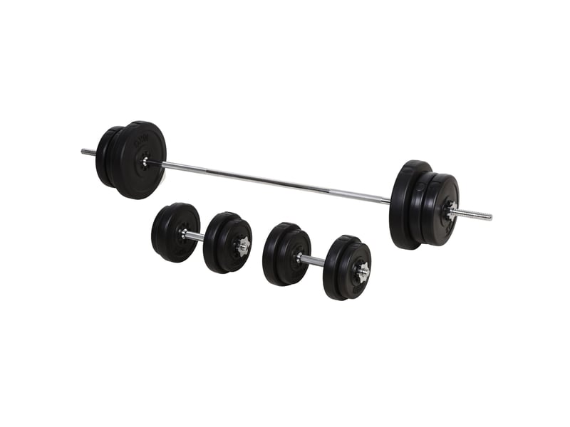  Kit musculation 55 kg, haltères + barre, poids ajustables 2 en 1, disques, barre 170 cm, domicilesalle, noir.  - Conforama B