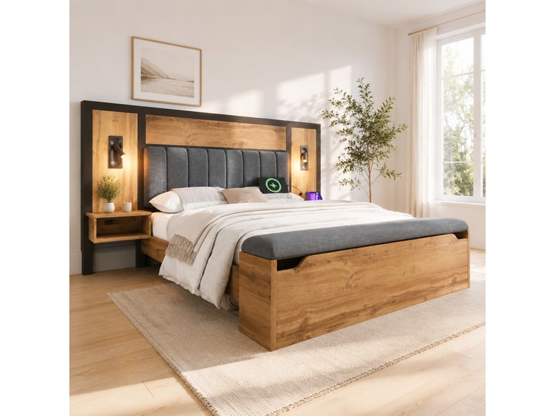  Lit double 180 x 200 cm chêne avec chevets, lampes de lecture et banc de rangement  - Conforama C