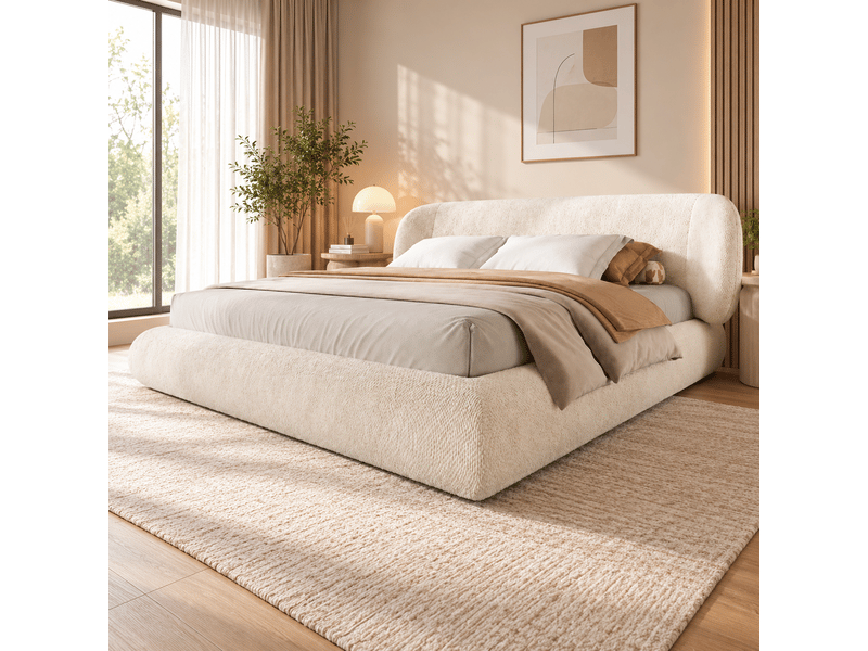  Lit rembourré 140 x 200 cm, lit double avec sommier à lattes, tête de lit, coins arrondis, mousse haute élasticité, cadre en bois, chenille, beige Bliss Lite - Conforama E