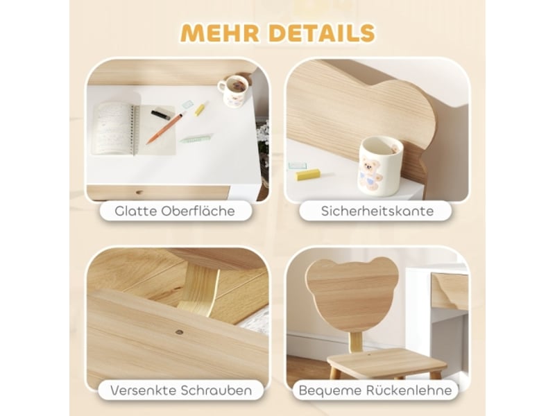  Bureau enfant en bois naturel avec chaise, plateau et tiroir, forme ours, filles et garçons  - Conforama E
