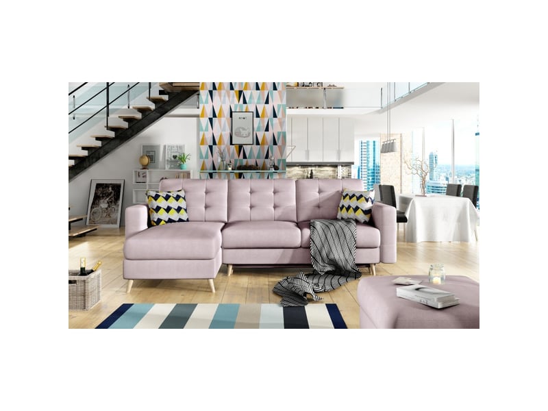  Canapé d'angle convertible hasgard 3 places rose 248x162 cm – coffre et pieds bois  - Conforama E