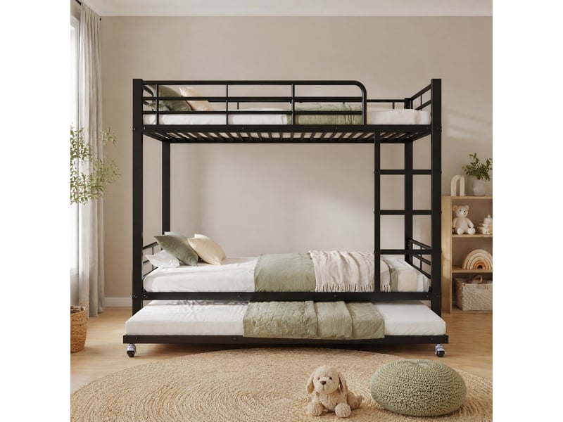  Lit superposé, lit 3 places en métal avec 4 barrières et couchage coulissant, 90x200 et 90x190 cm, sans matelas  - Conforama B