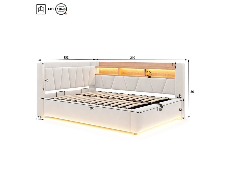  Lit banquette coffre 140x200 cm avec rangement hydraulique, étagères, port usb et éclairage led, velours beige  - Conforama C