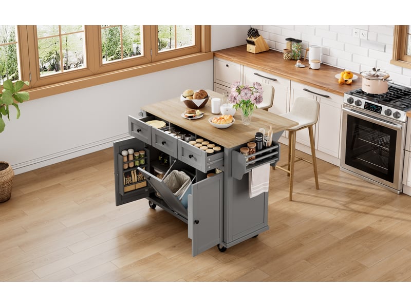 Îlot de cuisine mobile extensible 112x46,2-76,2x92,7 cm compartiment poubelle roulettes tiroirs portes mdf, gris+nature - Conforama B