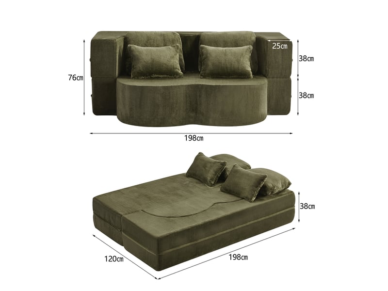 Canapé convertible au sol 2-en-1 avec 4 coussins - futon pliable, tissu peluche - vert - Conforama D