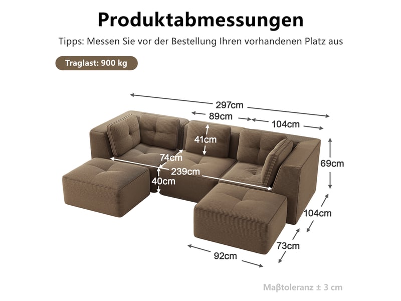  Canapé panoramique modulable 3 places velours côtelé marron – 297 x 177 x 69 cm Fay Lum - Conforama C