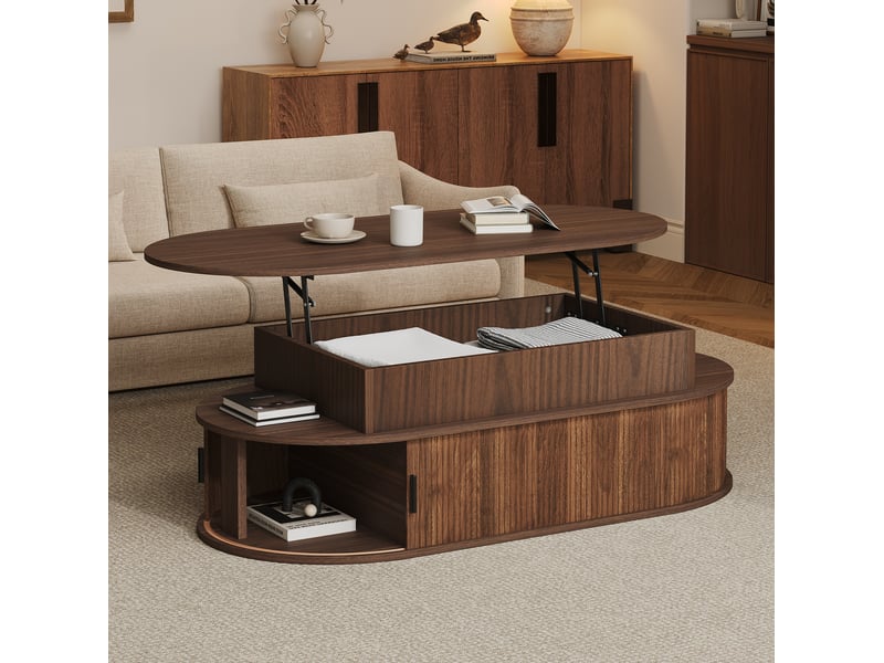  Table basse ovale avec plateau relevable à 55 cm, rangement, portes coulissantes, mdf effet noyer, 100 x 50 x 40 cm  - Conforama B