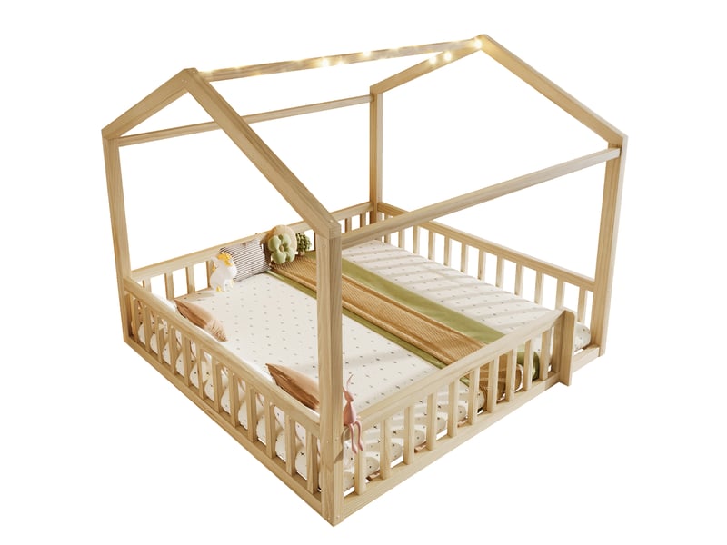  Lit cabane enfant, 2 x 90 x 190 cm, bois de pin - led, style montessori, sommier et barrières inclus, pour chambre  - Conforama A