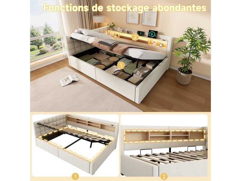  Lit coffre hydraulique 140x200 cm avec led dimmable, étagères, usb et tête réversible, tissu lin beige, sans matelas  - Conforama R
