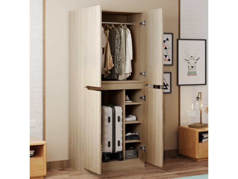  Armoire compacte à 2 portes avec penderie, étagères intérieures et niches basses, 70 × 40 × 170 cm, effet bois naturel  - Conforama D