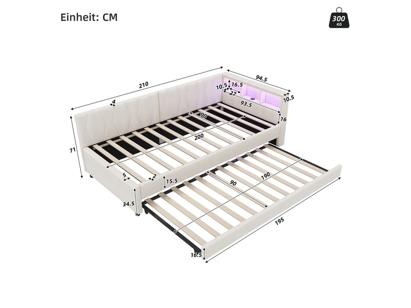  Lit banquette en lin beige 90x200 cm avec lit gigogne - rangement, led et ports usb  - Conforama C