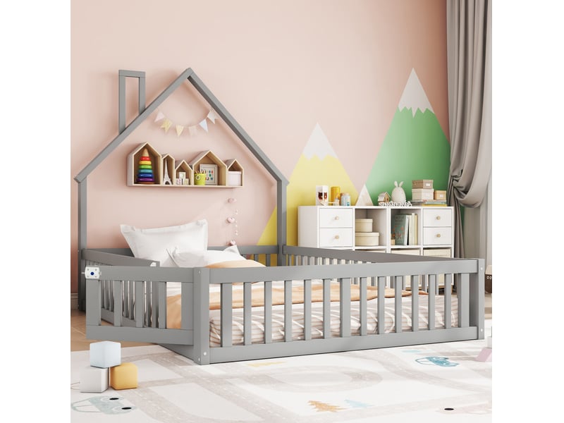  Lit enfant cabane 140 x 190 cm avec sommier à lattes et barrières, gris en pin et mdf  - Conforama B
