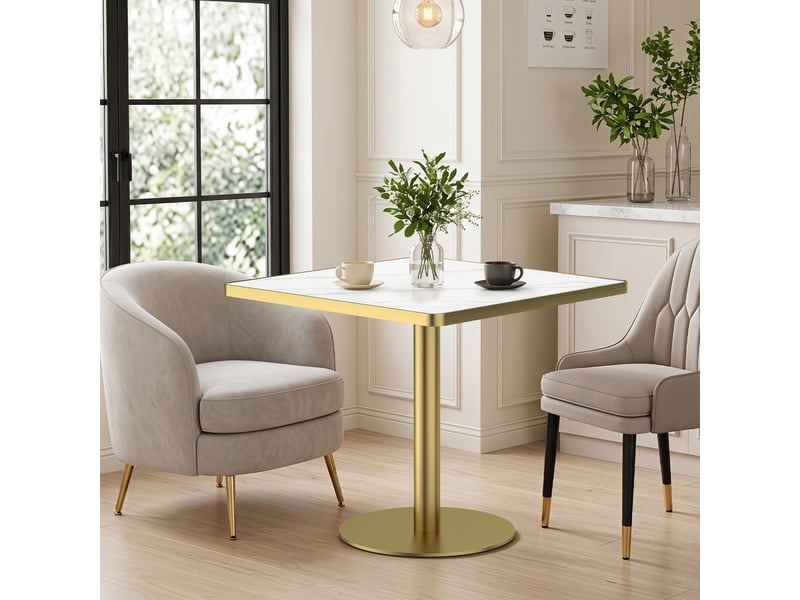  Table à manger ronde de 70 cm en pierre frittée avec plateau blanc et pieds dorés  - Conforama B