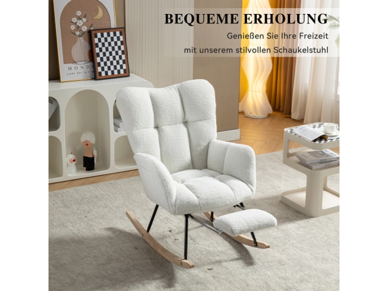  Nouvelle chaise berçante rembourrée en tissu teddy tissée avec repose-pieds escamotable, blanc  - Conforama C