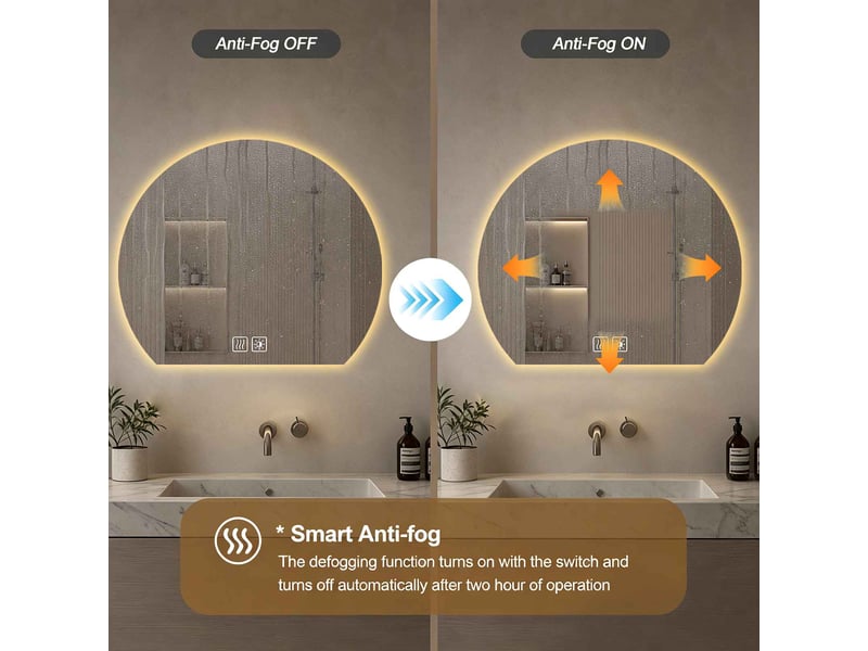  Miroir led demi cercle 70 x 63 cm blanc verre argenté sécurisé tactile anti buée trois couleurs cri supérieur à 90 salle de bain  - Conforama B