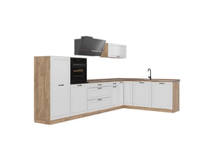 Vicco cuisine en angle, blanc campagnechêne doré, 347 x cm plan de travail chêne doré