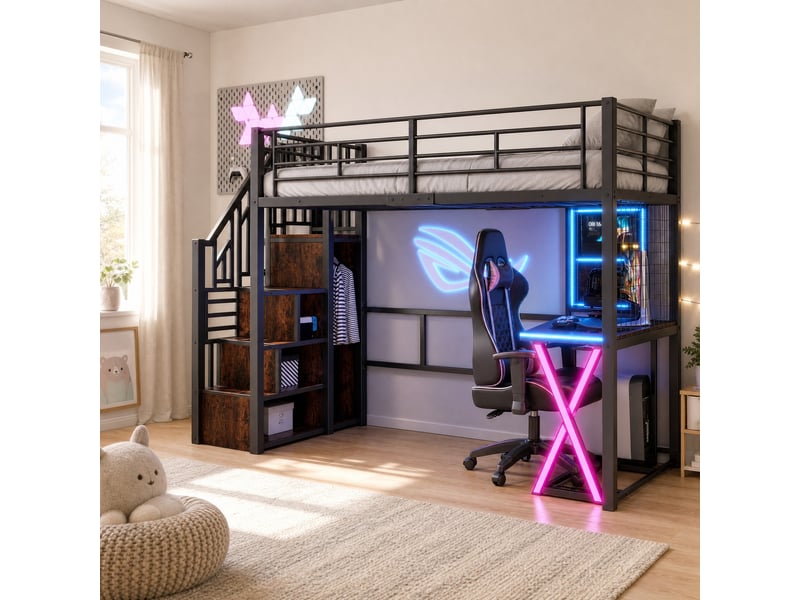 Lit mezzanine 90x200 cm avec bureau et éclairage, en métal et mdf noir  - Conforama D