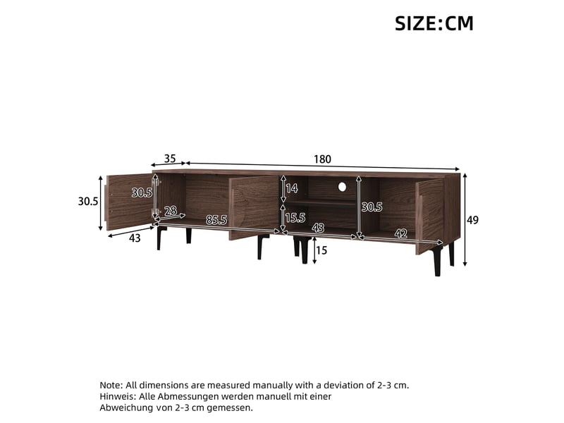  Meuble tv moderne effet noyer foncé 180x35x49 cm avec 2 portes et étagères ouvertes pour tv jusqu'à 80 pouces  - Conforama C