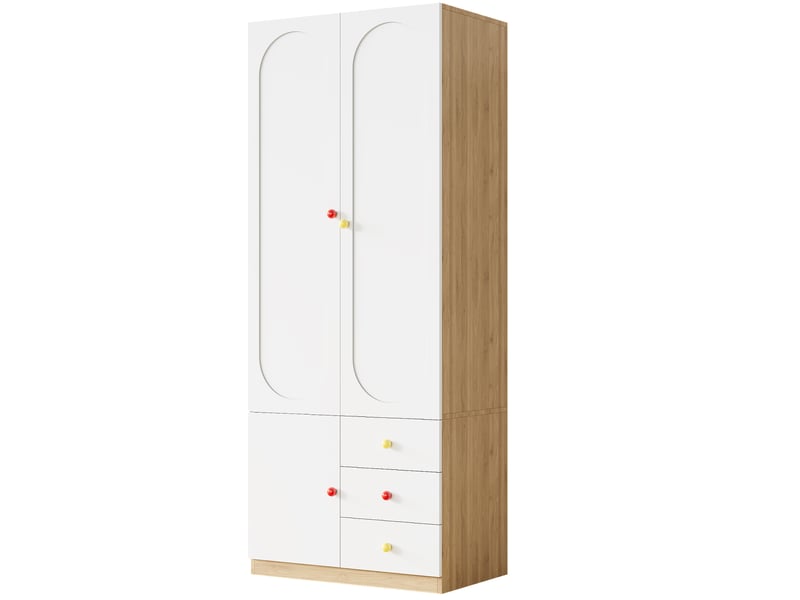 Armoire enfant modenvie 2 portes avec 3 tiroirs, penderie et étagères 80 x 50 x 200 cm, mdf blanc laqué  - Conforama A